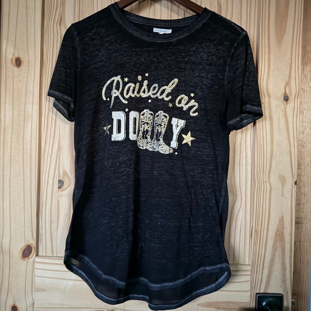 Maurices Raised on Dolly Graphic Tee Black Burnout Western Shirt Medium